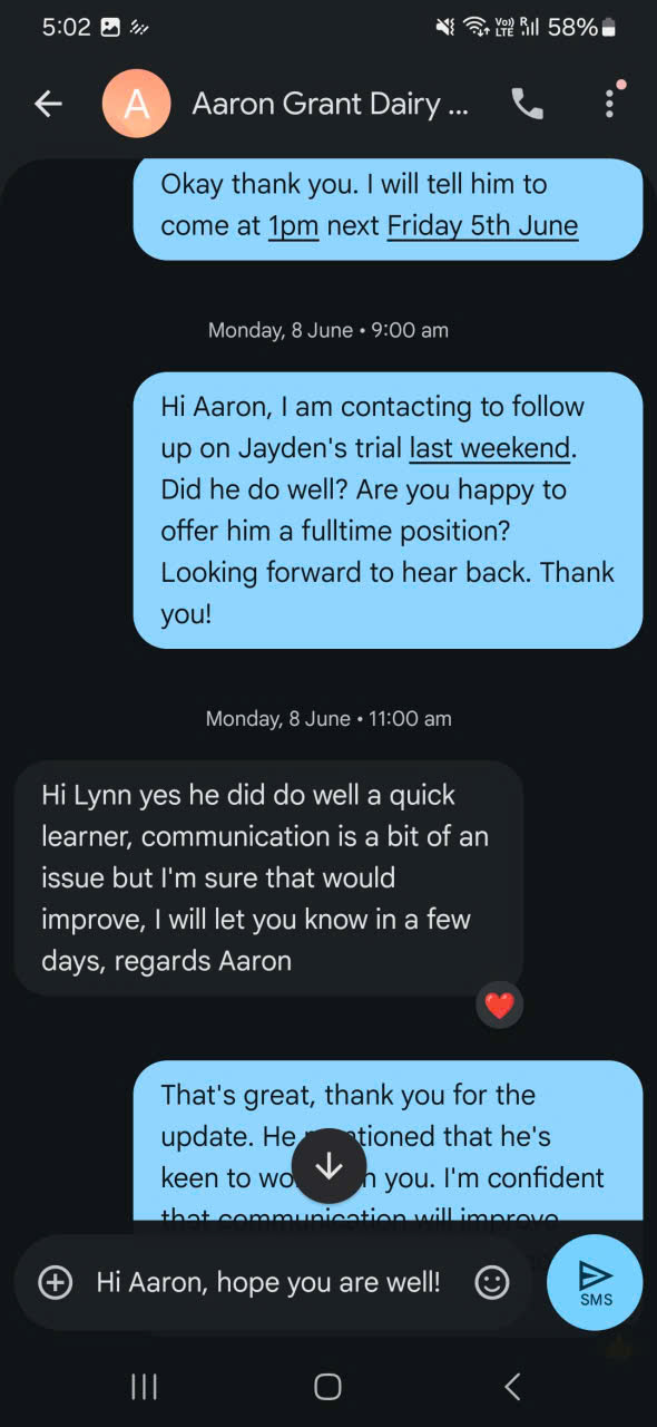 Aaron Grant Dairy – employer feedback